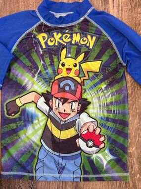 Pokémon Pikachu Ash Rash Guard Swim Shirt Boys Youth Large Blue